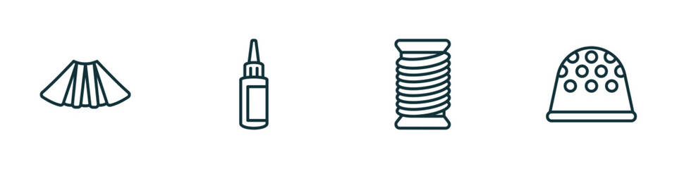 set of 4 linear icons from sew concept. outline icons included pleat, glue, thread, thimble vector - obrazy, fototapety, plakaty