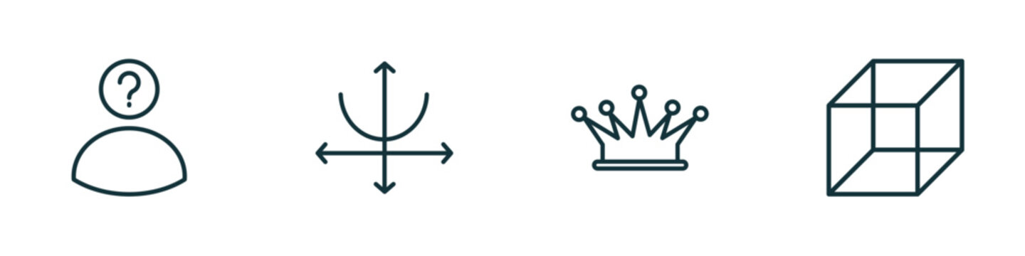 set of 4 linear icons from shapes concept. outline icons included character, parabola, royalty, geometry cube vector