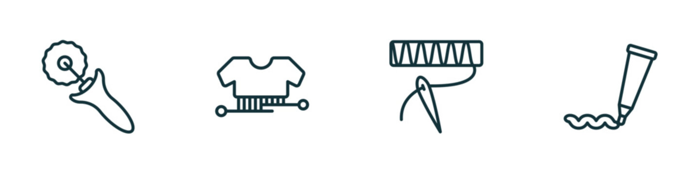set of 4 linear icons from sew concept. outline icons included tracing wheel, hand craft, stitches, paint tube vector