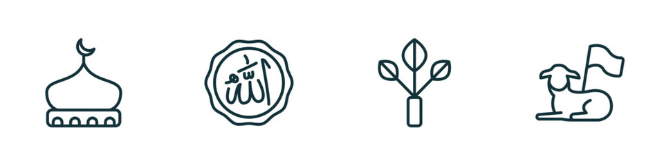 set of 4 linear icons from religion concept. outline icons included mosque domes, allah word, bael tree, lamb of god vector