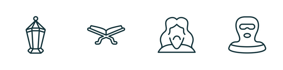 set of 4 linear icons from religion concept. outline icons included islamic lantern, reading quran, jesus, vector
