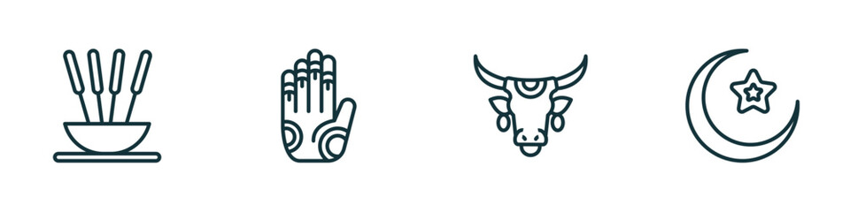 set of 4 linear icons from religion concept. outline icons included incense, henna painted hand, sacred cow, crescent moon and star vector