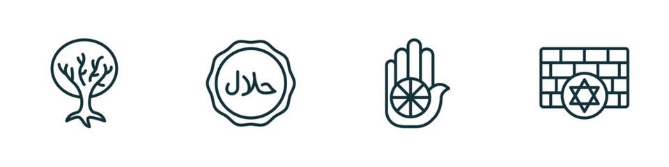 set of 4 linear icons from religion concept. outline icons included tree of life, halal, jainism, kotel vector