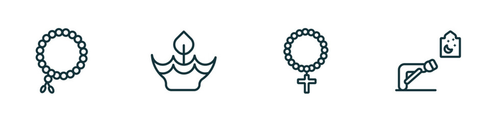 set of 4 linear icons from religion collection. concept. outline icons included prayer beads, diwali, raya rosary, ruku posture vector