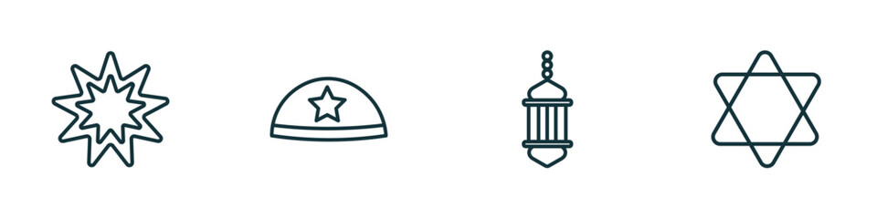 set of 4 linear icons from religion concept. outline icons included bahai, yarmulke, arabic lamp, hebrew vector