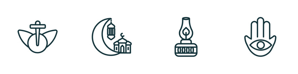 set of 4 linear icons from religion concept. outline icons included heresy, islamic ramadan, old oil lamp, hamsa vector - obrazy, fototapety, plakaty