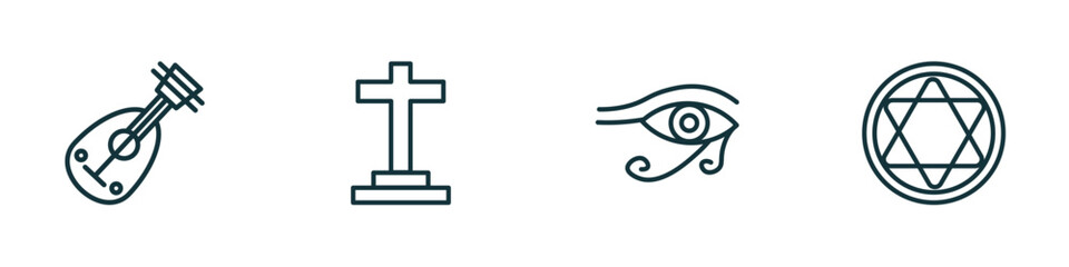 set of 4 linear icons from religion concept. outline icons included oud, christianity, eye of ra, blasphemy vector