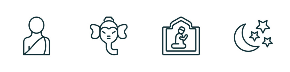 set of 4 linear icons from religion concept. outline icons included buddhist monk, ganesha, islamic pray, star and crescent moon vector