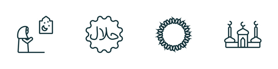 set of 4 linear icons from religion concept. outline icons included muslim woman praying, halal, crown of thorns, mosque and minaret vector