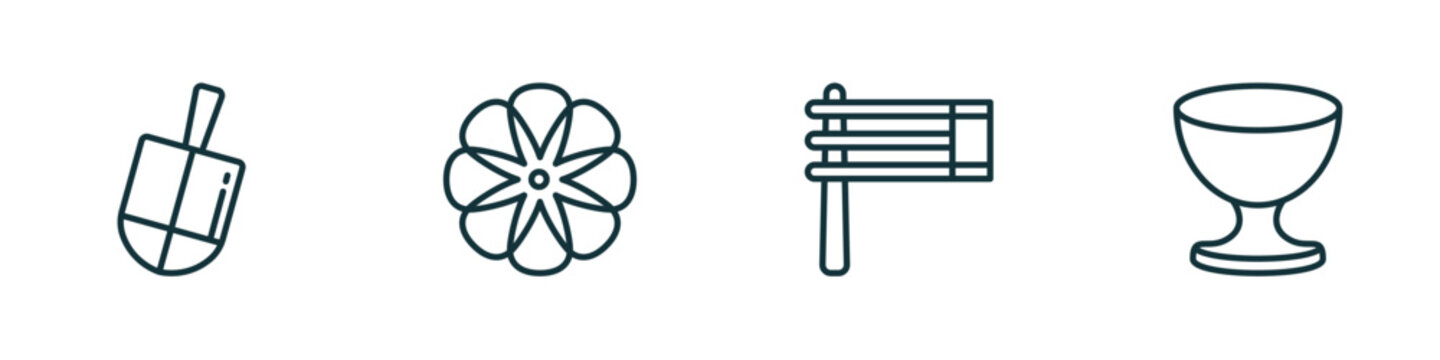 set of 4 linear icons from religion concept. outline icons included dreidel, flowers, gragger, laver of washing vector