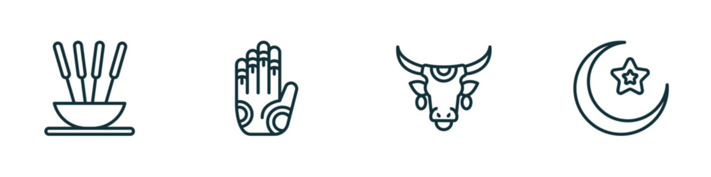 set of 4 linear icons from religion concept. outline icons included incense, henna painted hand, sacred cow, crescent moon and star vector