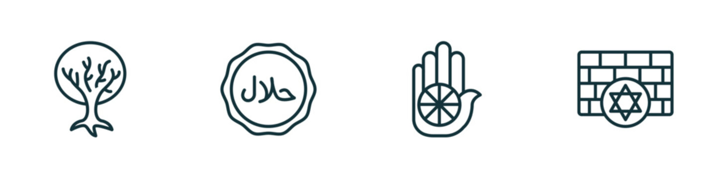 set of 4 linear icons from religion concept. outline icons included tree of life, halal, jainism, kotel vector