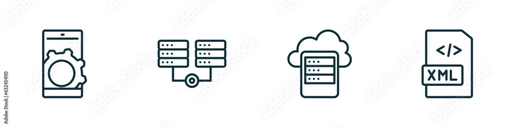 Poster set of 4 linear icons from programming concept. outline icons included mobile app, hosting, data sto