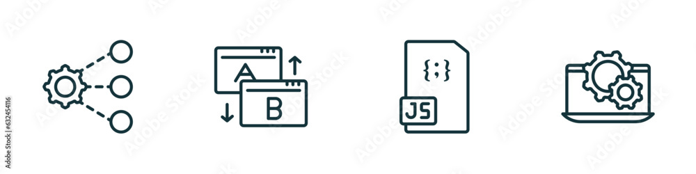 Poster set of 4 linear icons from programming concept. outline icons included sharing, testing, js, softwar