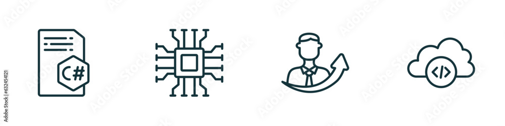 Poster set of 4 linear icons from programming concept. outline icons included c sharp, hardware, seo growth