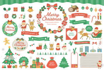 クリスマスのイラストとフレームセット / サンタクロース、12月、クリスマスツリー、冬、飾り、デザイン、リボン、ベクター