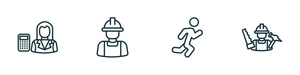 set of 4 linear icons from professions concept. outline icons included mathematician, builder, athlete, carpenter vector