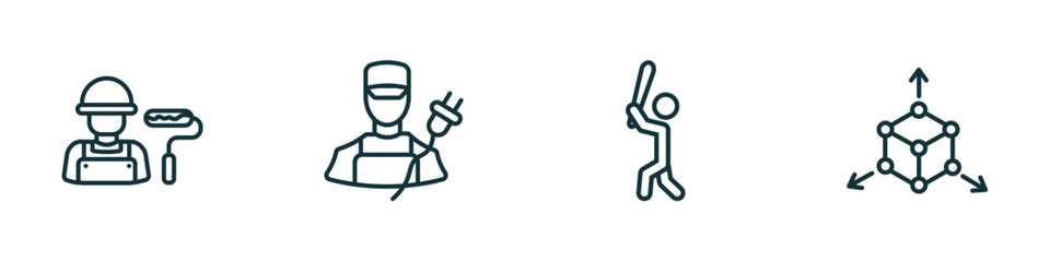 set of 4 linear icons from professions & jobs concept. outline icons included dyer, electrician, baseball player, model vector