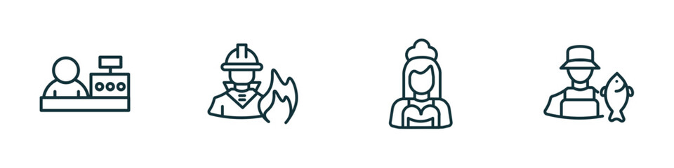 set of 4 linear icons from professions concept. outline icons included cashier, firefighter, maid, fisherman vector