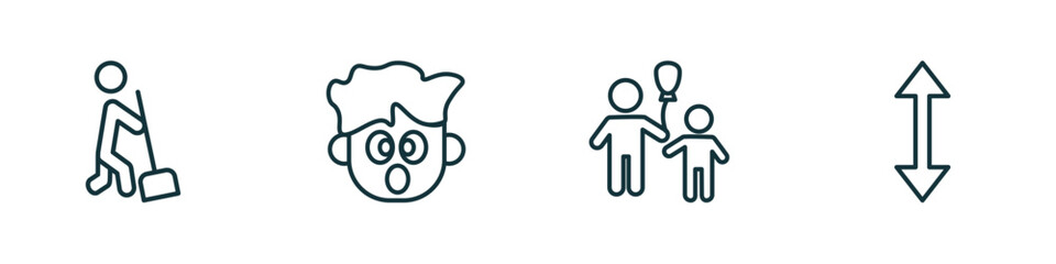 set of 4 linear icons from people concept. outline icons included sweeping person, surprised smile, man child and balloons, vertical vector