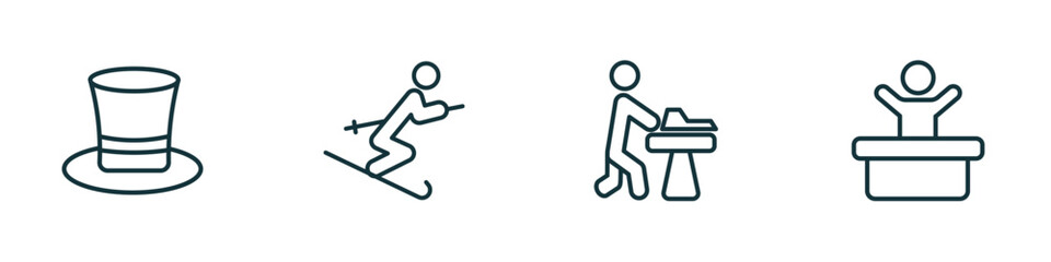 set of 4 linear icons from people concept. outline icons included tall hat, ski stick man, carpenter working, worker success vector