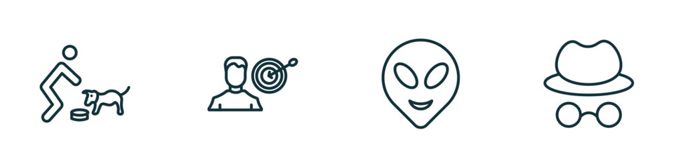 set of 4 linear icons from people concept. outline icons included feeding a dog, man with target, alien smile, hat and glasses vector