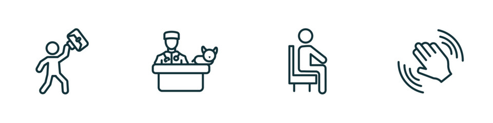 set of 4 linear icons from people concept. outline icons included success man happy, vet with cat, sit down, waving goodbye vector