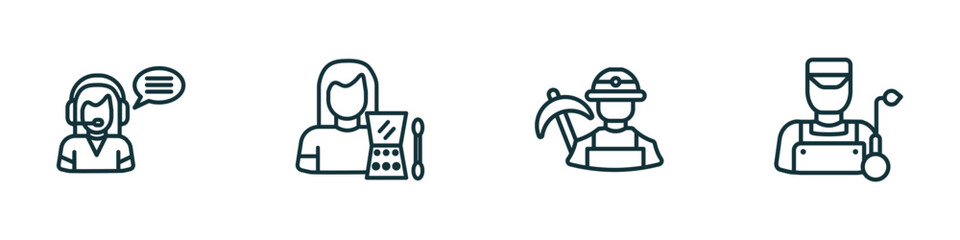 set of 4 linear icons from professions concept. outline icons included telemarketer, makeup artist, miner, welder vector