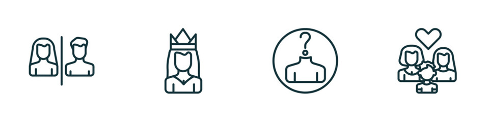 set of 4 linear icons from people concept. outline icons included restroom, princes, unknown, lesbian couple and son vector