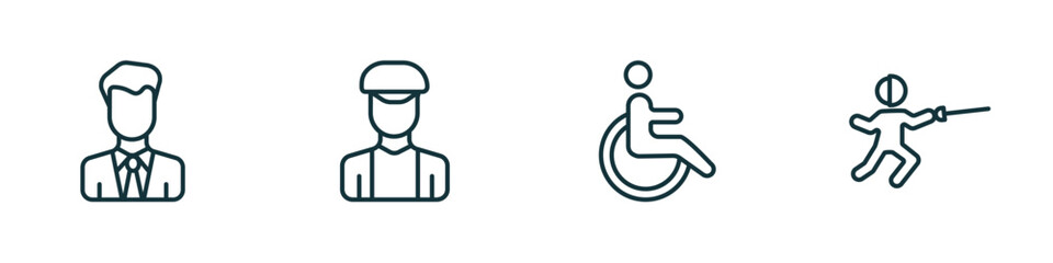 set of 4 linear icons from people concept. outline icons included bussiness man, dutch, handicapped, fencing attack vector