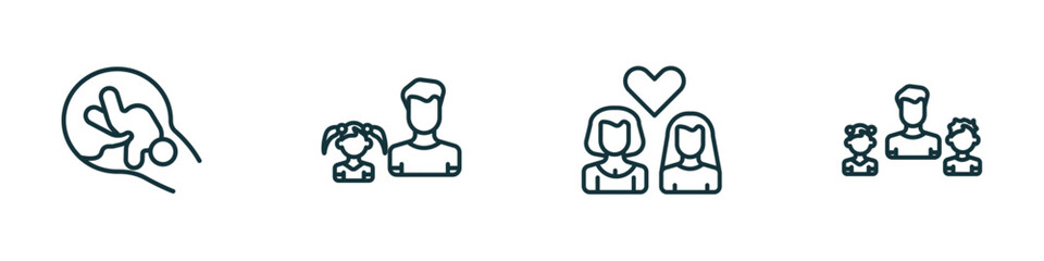 set of 4 linear icons from people concept. outline icons included birth, father and daughter, lesbian couple, father and children vector
