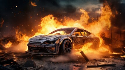Car on Fire Accident, Burning Car Background, Car Insurance Concept. Generative Ai