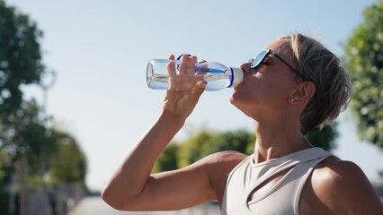 Middle age woman drinking water from plastic bottle after gym, outdoor workout, city sport, brunette caucasian girl drink clear mineral water after jogging training in city park warm summer day. - Powered by Adobe
