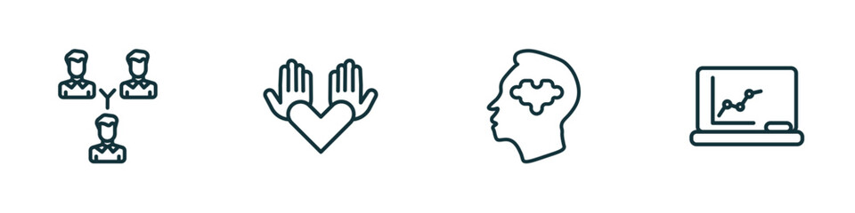 set of 4 linear icons from people concept. outline icons included business partnership, no racism, psychology, classroom stats vector