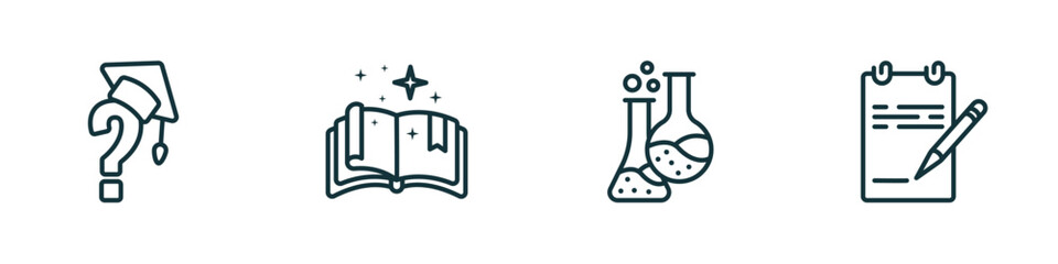 set of 4 linear icons from other concept. outline icons included graduation's questions, speell book, labaratory, paper list and a pencil vector