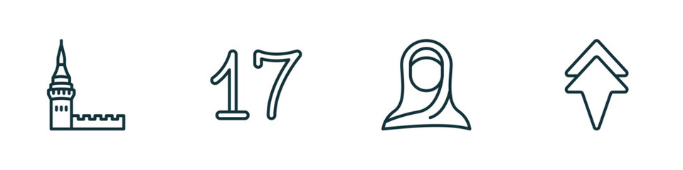 set of 4 linear icons from other concept. outline icons included kremln, seventeen, araba woman, arrowup vector