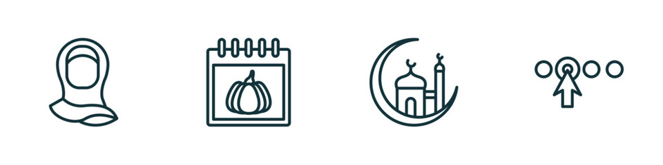 set of 4 linear icons from other concept. outline icons included muslim woman with hijab, pumpkin calendar, mosque and moon, prority vector