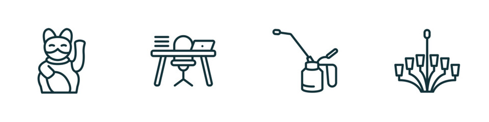 set of 4 linear icons from other concept. outline icons included lucky cat toy, studying zone, oil can, chandeliers vector