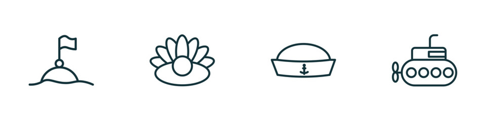 set of 4 linear icons from nautical concept. outline icons included buoys, pearl, prawn facing left, submarine facing right vector