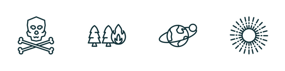 set of 4 linear icons from nature concept. outline icons included death, pine tree on fire, planet with satellite, shining sun with rays vector