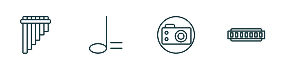 set of 4 linear icons from music and media concept. outline icons included panpipe, minim, photo camera, harmonica vector