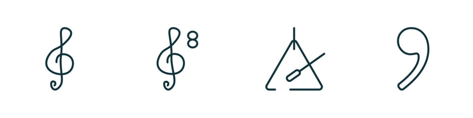 set of 4 linear icons from music and media concept. outline icons included treble clef, octave clef, music triangle, breath mark vector