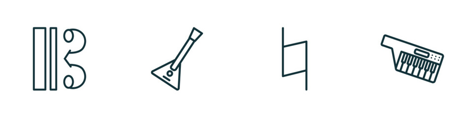 set of 4 linear icons from music and media concept. outline icons included alto clef, balalaika, natural, keytar vector