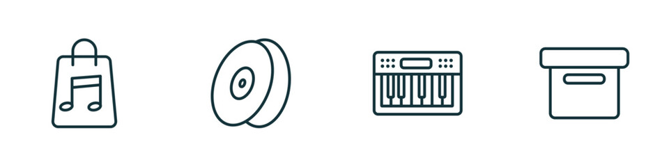 set of 4 linear icons from music and media concept. outline icons included music store, cymbal, music keyboard, image archive vector
