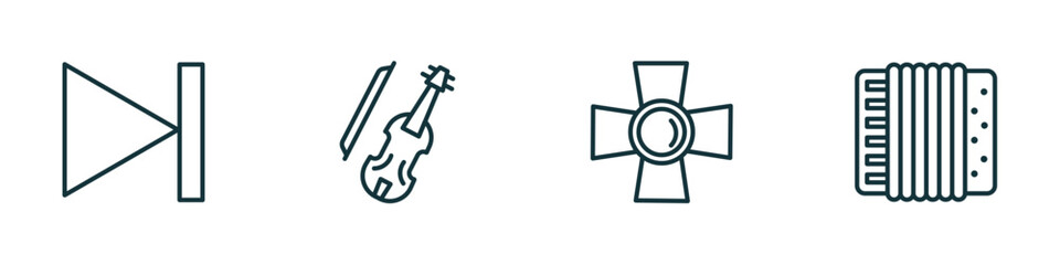 set of 4 linear icons from music concept. outline icons included skip, cello, music spotlight, accordion vector