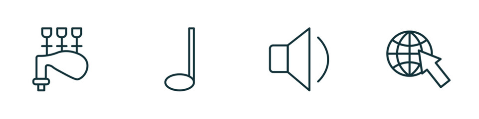 set of 4 linear icons from music and media concept. outline icons included bagpipes, crotchet, low volume speaker, globe with pointer vector