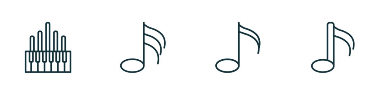 set of 4 linear icons from music and media concept. outline icons included organ, thirty second note, quaver, sixteenth note vector