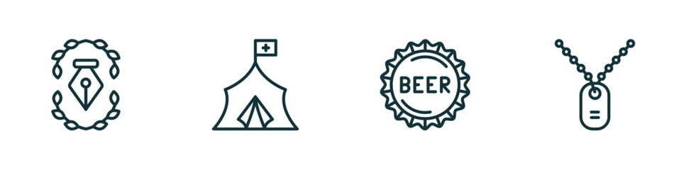 set of 4 linear icons from miscellaneous concept. outline icons included will, refugee, beer cap, army dog tag vector