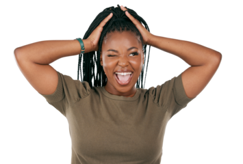 Crazy, wink and smile with face of black woman on png for yes, happy and funny. Like, emoji and happy with person isolated on transparent background for motivation, happiness and goofy expression