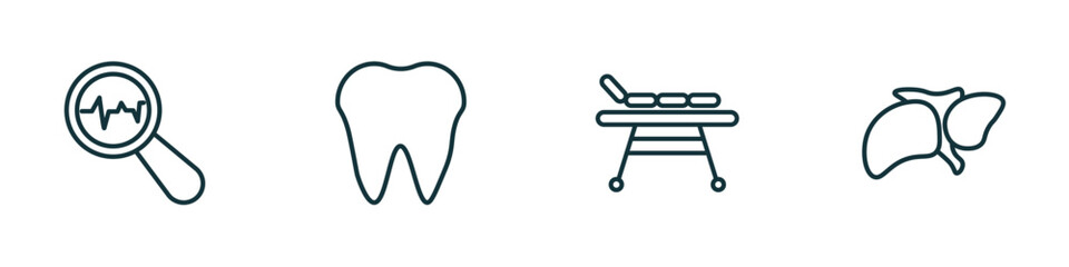 set of 4 linear icons from medical concept. outline icons included diagtic, tooth, table of treatments, liver vector